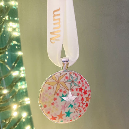 I look for you in the stars christmas memory keepsake with star fabric and personalised ribbon