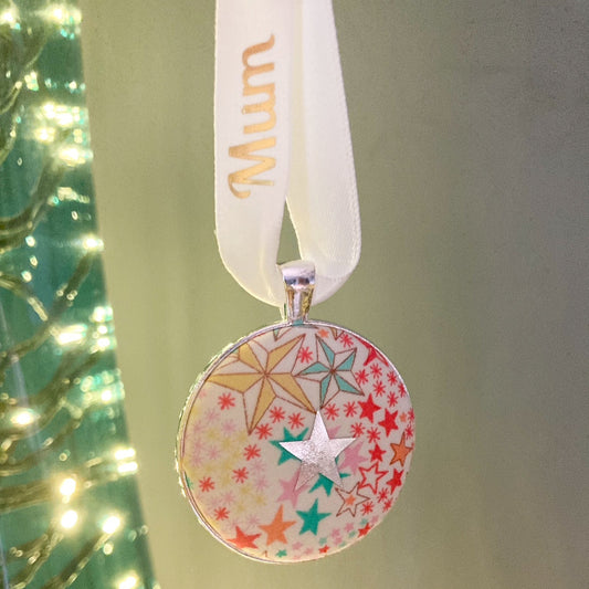 I look for you in the stars christmas memory keepsake with star fabric and personalised ribbon