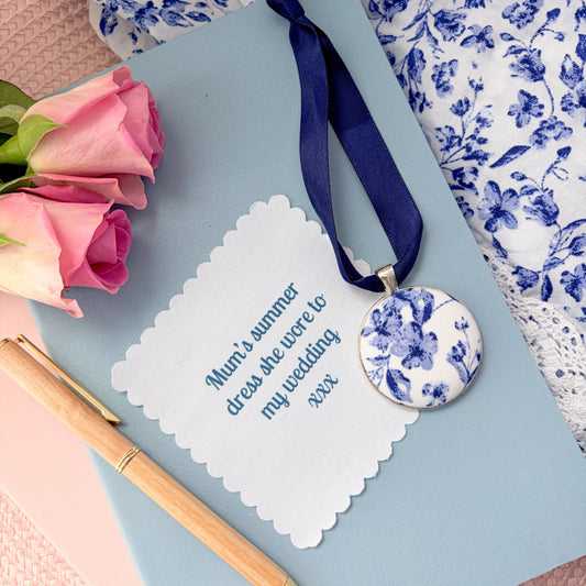 Mums floral dress memory keepsake thread on a blue ribbon with a personalised fabric message