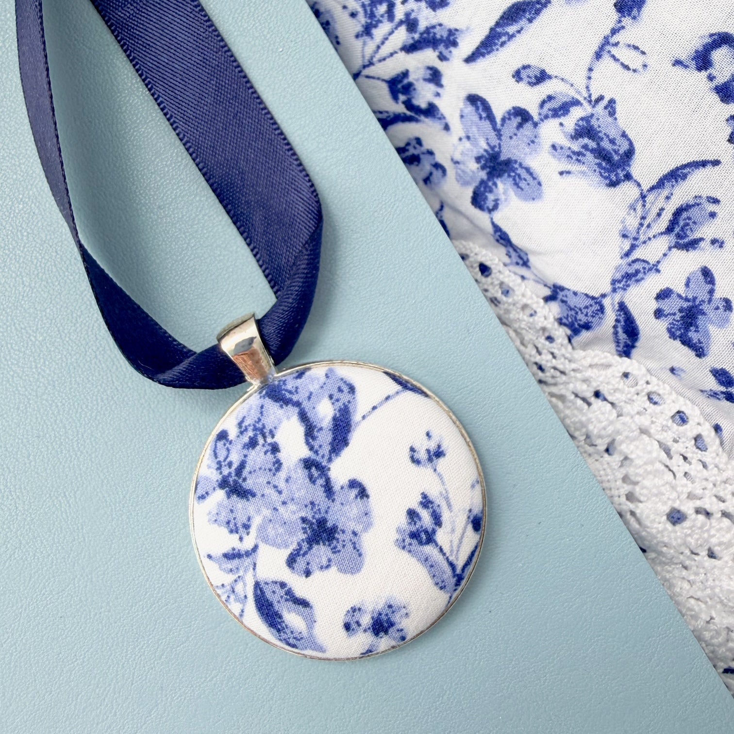 Mums floral dress memory keepsake thread on a blue ribbon 