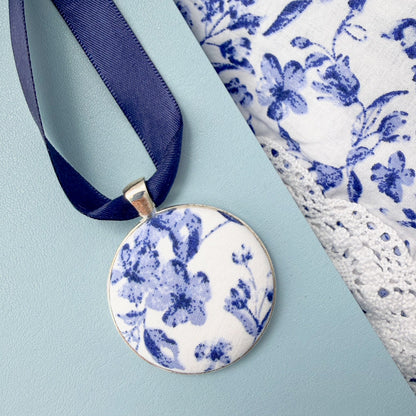 Mums floral dress memory keepsake thread on a blue ribbon 