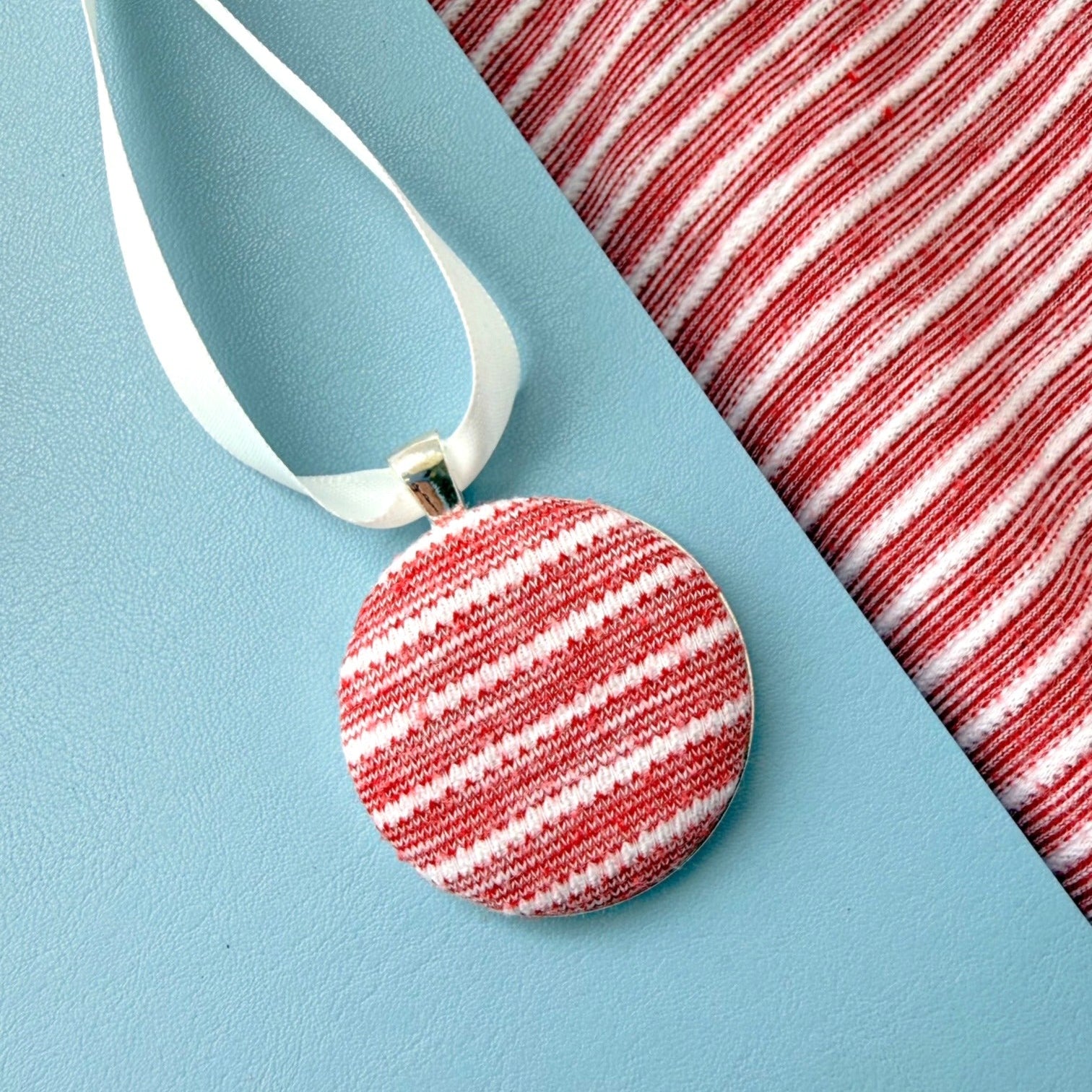 Mum fabric memory keepsake made with a stripy top, thread on a ribbon 
