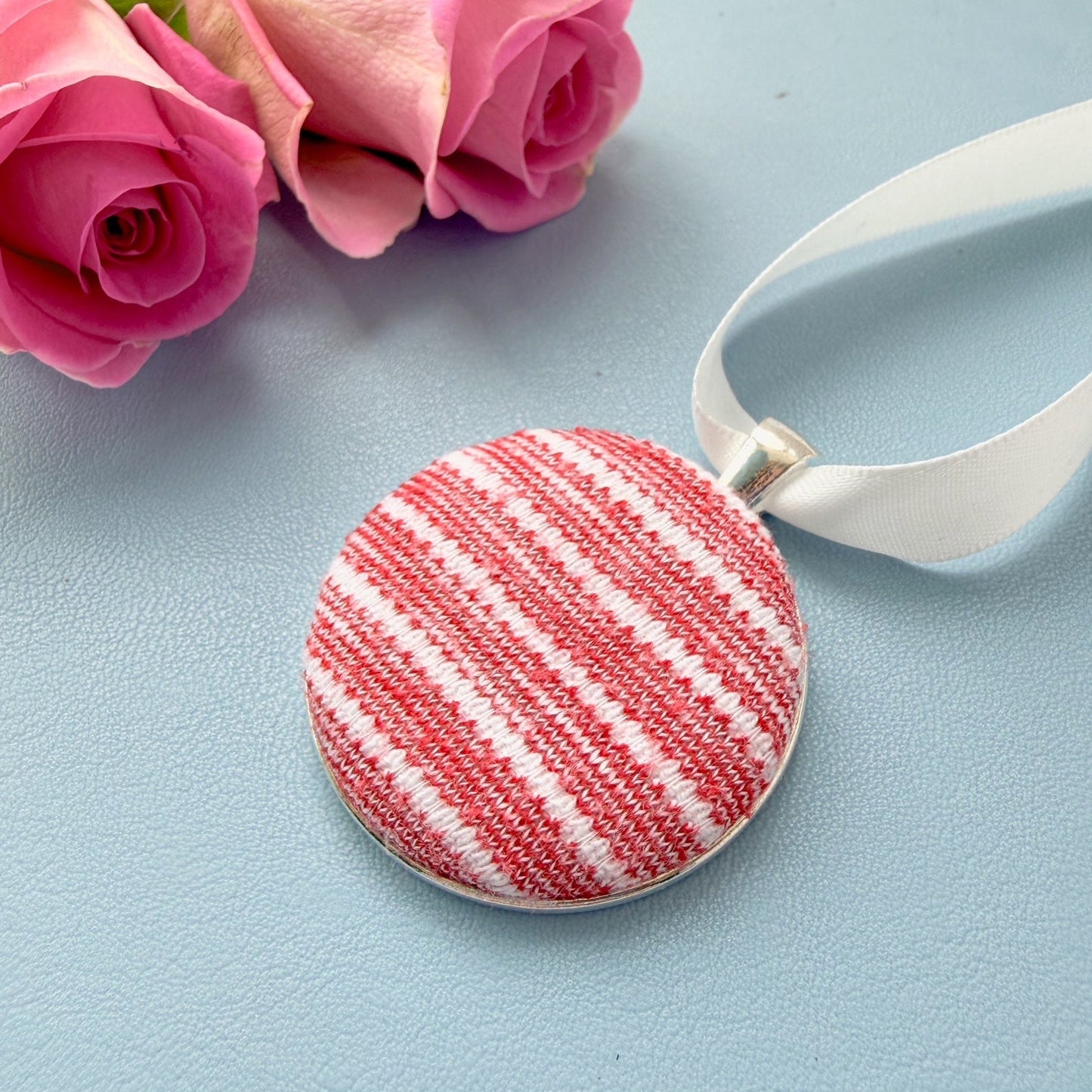 Mum fabric memory keepsake made with a stripy top, thread on a ribbon 