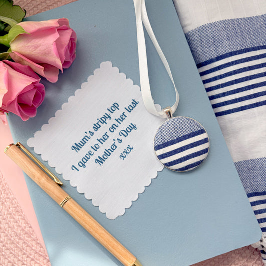 Mums stripy top memory keepsake thread on a ribbon, with a fabric message