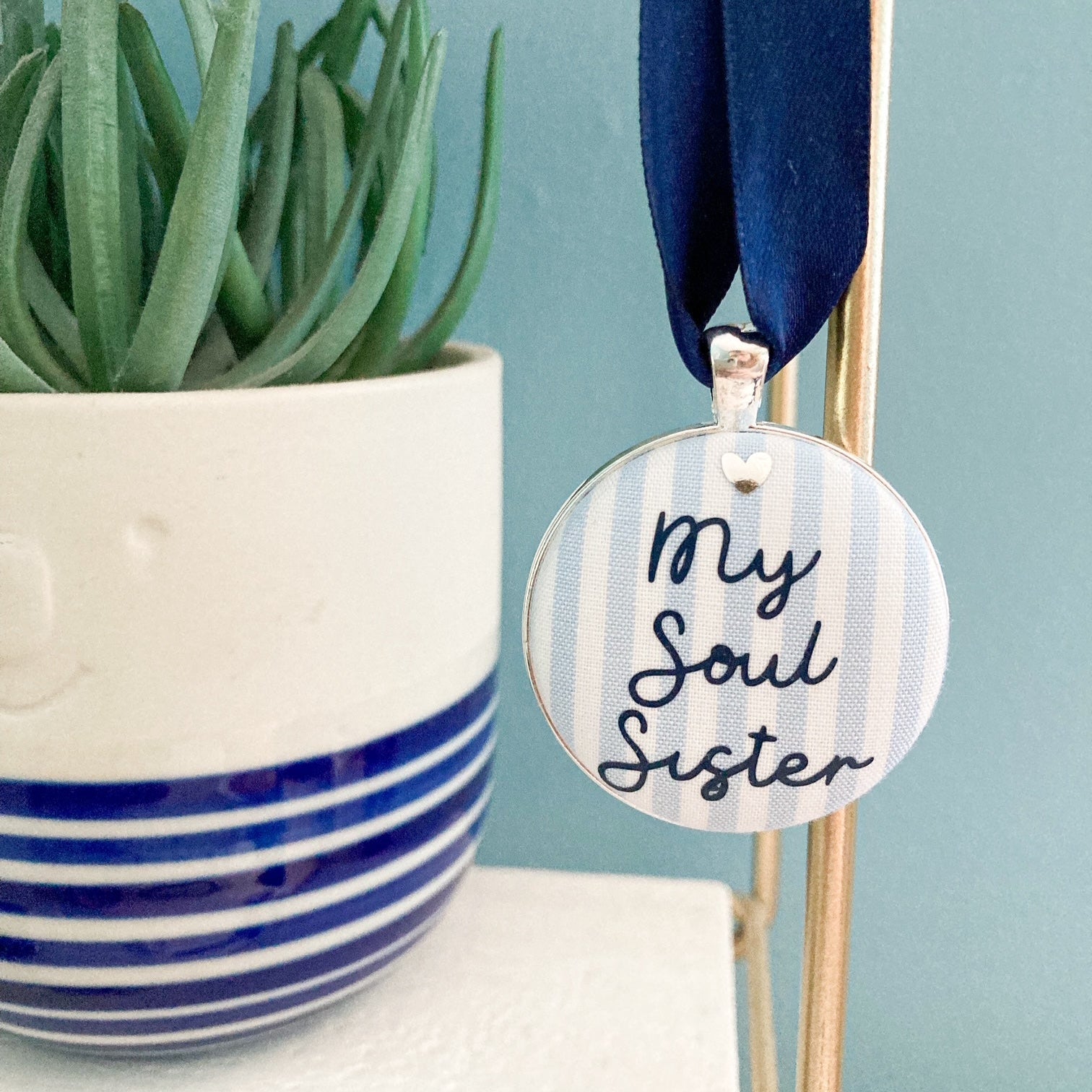 My Soul Sister Thoughtful Keepsake made with striped blue fabric and a blue ribbon
