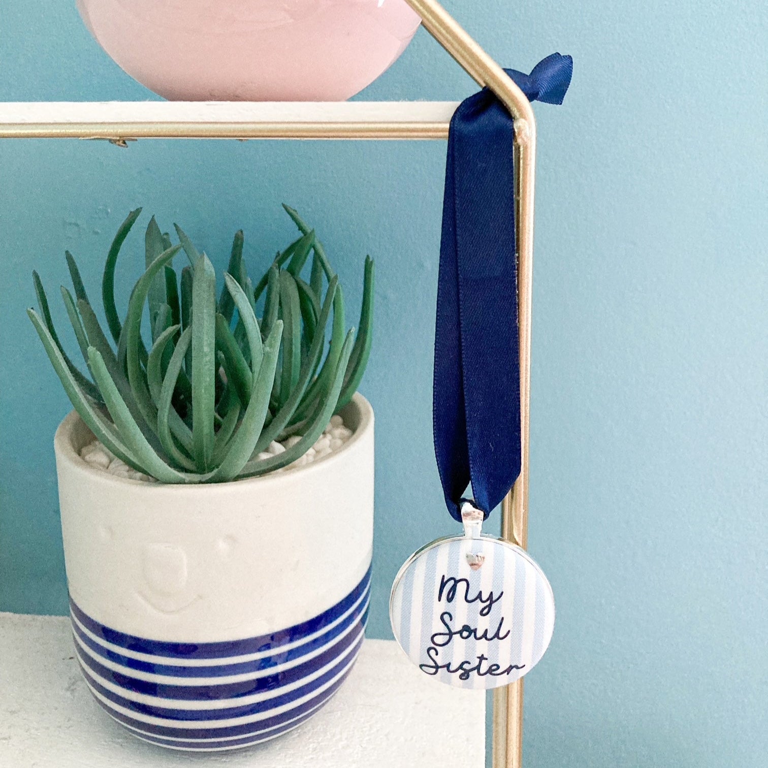 My Soul Sister Thoughtful Keepsake made with striped blue fabric and a blue ribbon