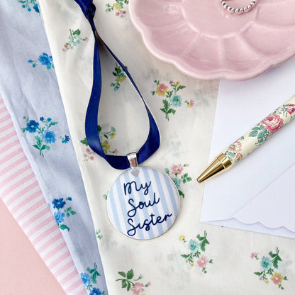 My Soul Sister Thoughtful Keepsake made with striped blue fabric and a blue ribbon