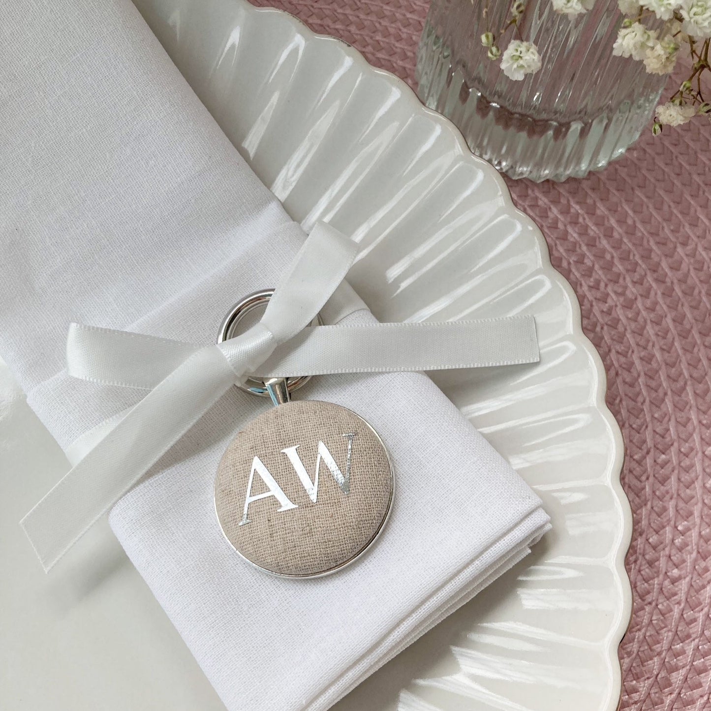 Personalised wedding place setting and favour in natural linen fabric