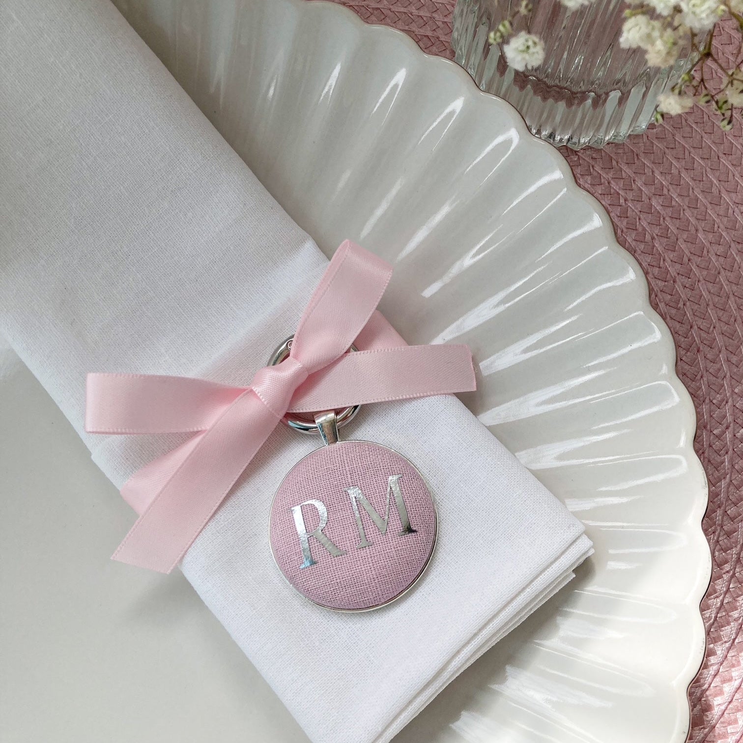 Personalised wedding place setting and favour in pink lionen fabric