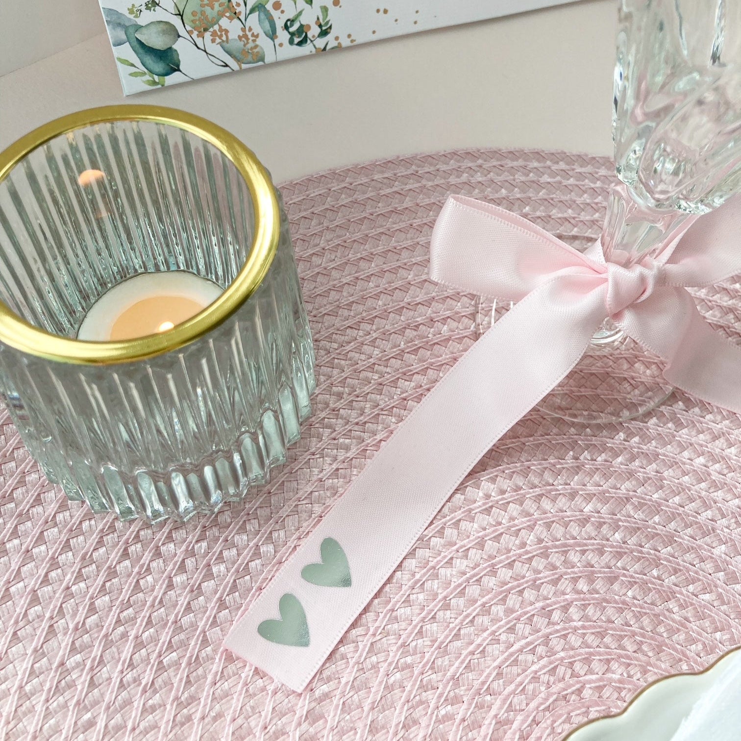 Pink personalised place setting ribbons for wedding table