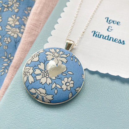 Blue floral necklace with silver heart