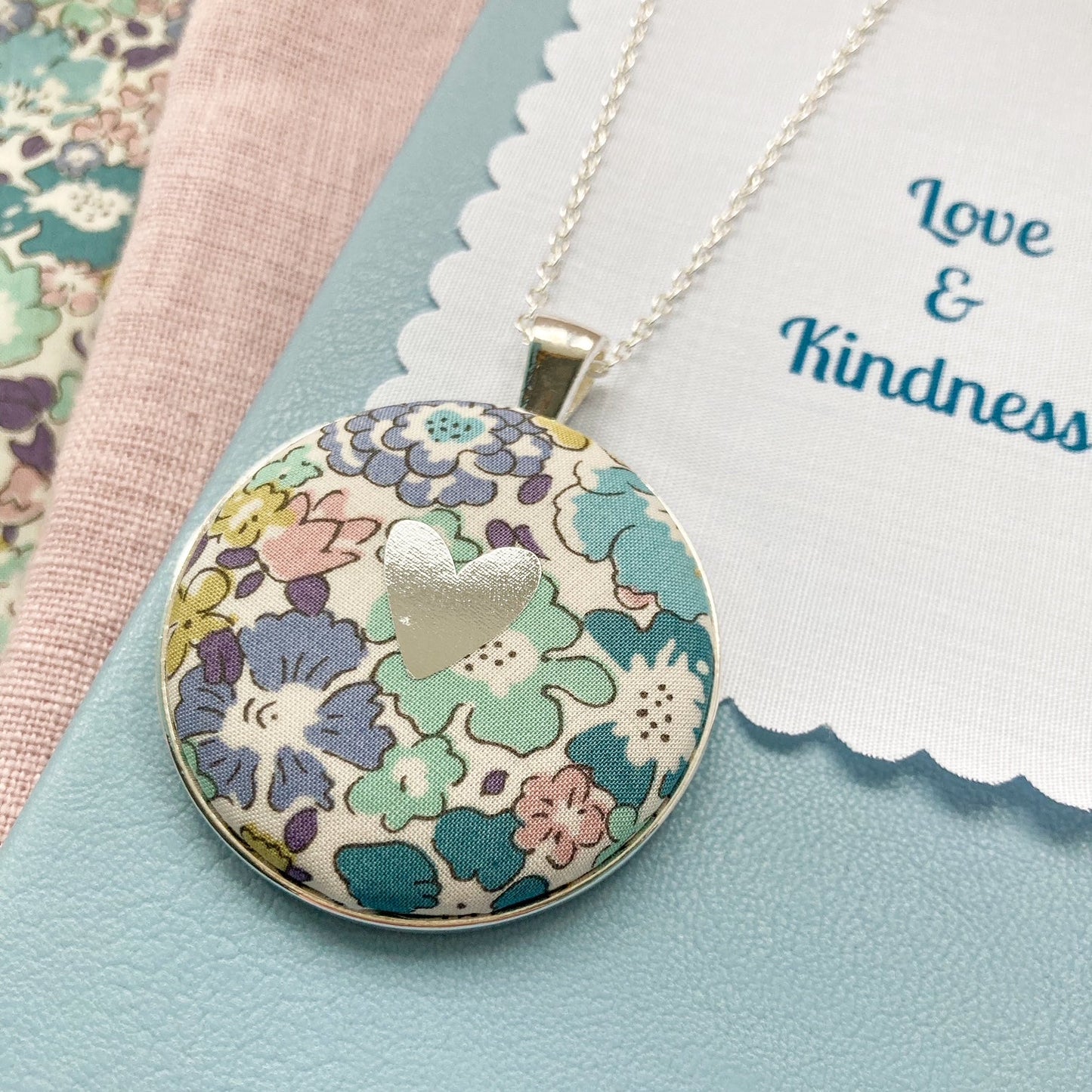 Teal & purple floral Liberty necklace with a silver heart