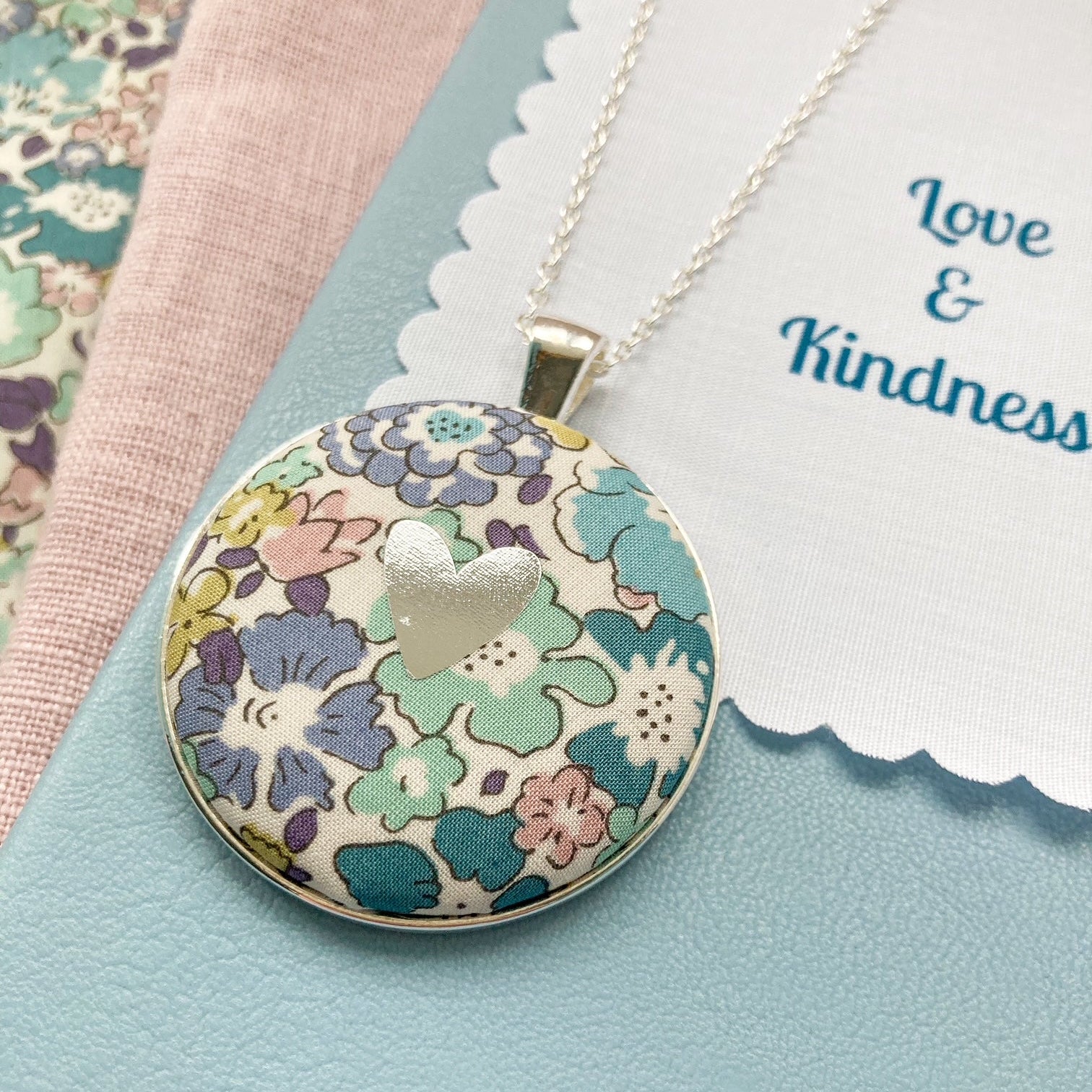 Teal & purple floral Liberty necklace with a silver heart