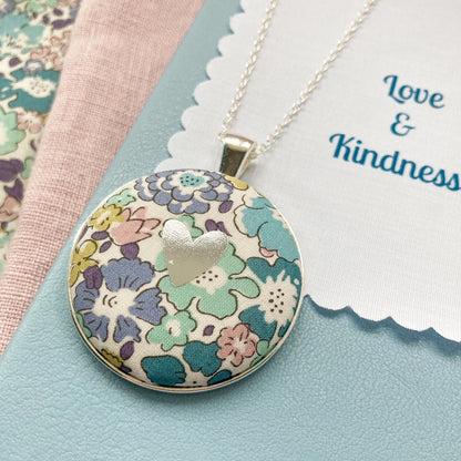 Teal & purple floral Liberty necklace with a silver heart