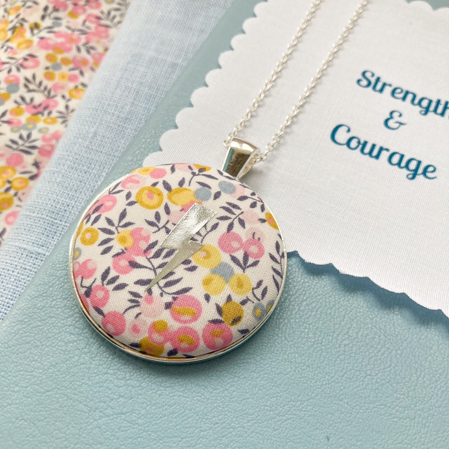 Yellow & pink floral fabric necklace with silver lightning design 