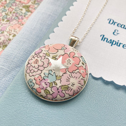 Pink floral Liberty fabric necklace with a star design