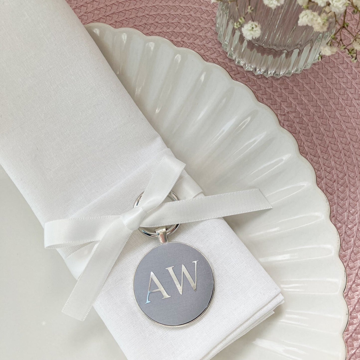 Wedding breakfast personalised place setting and favour in pale grey Liberty fabric
