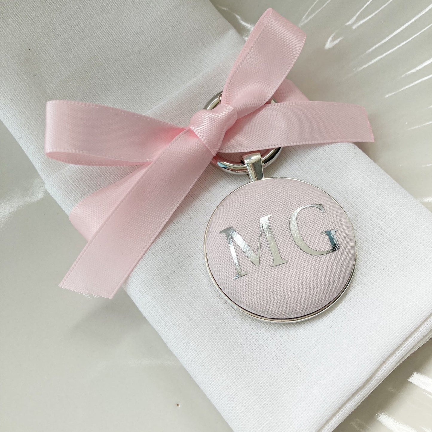 Wedding favour keyring and place setting in pale pink Liberty fabric