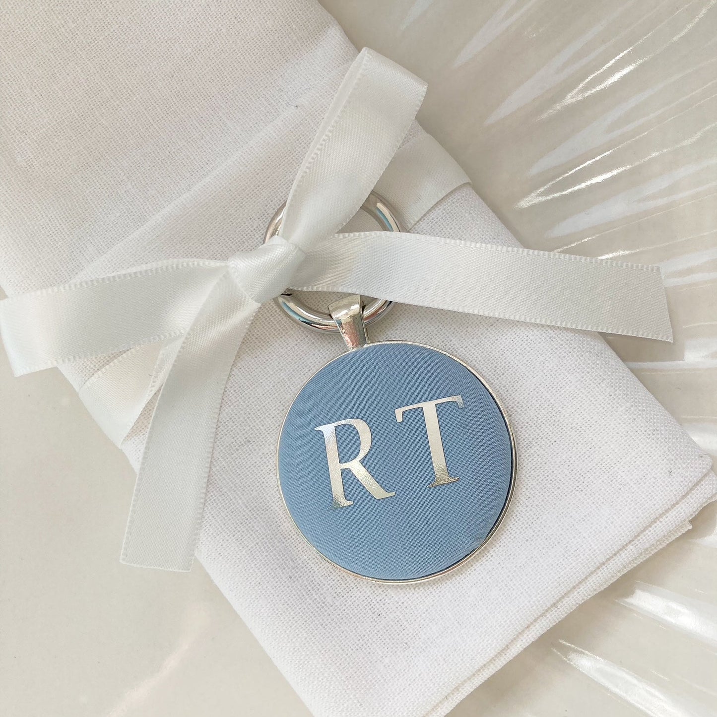 Wedding favour keyring in light blue Liberty fabric