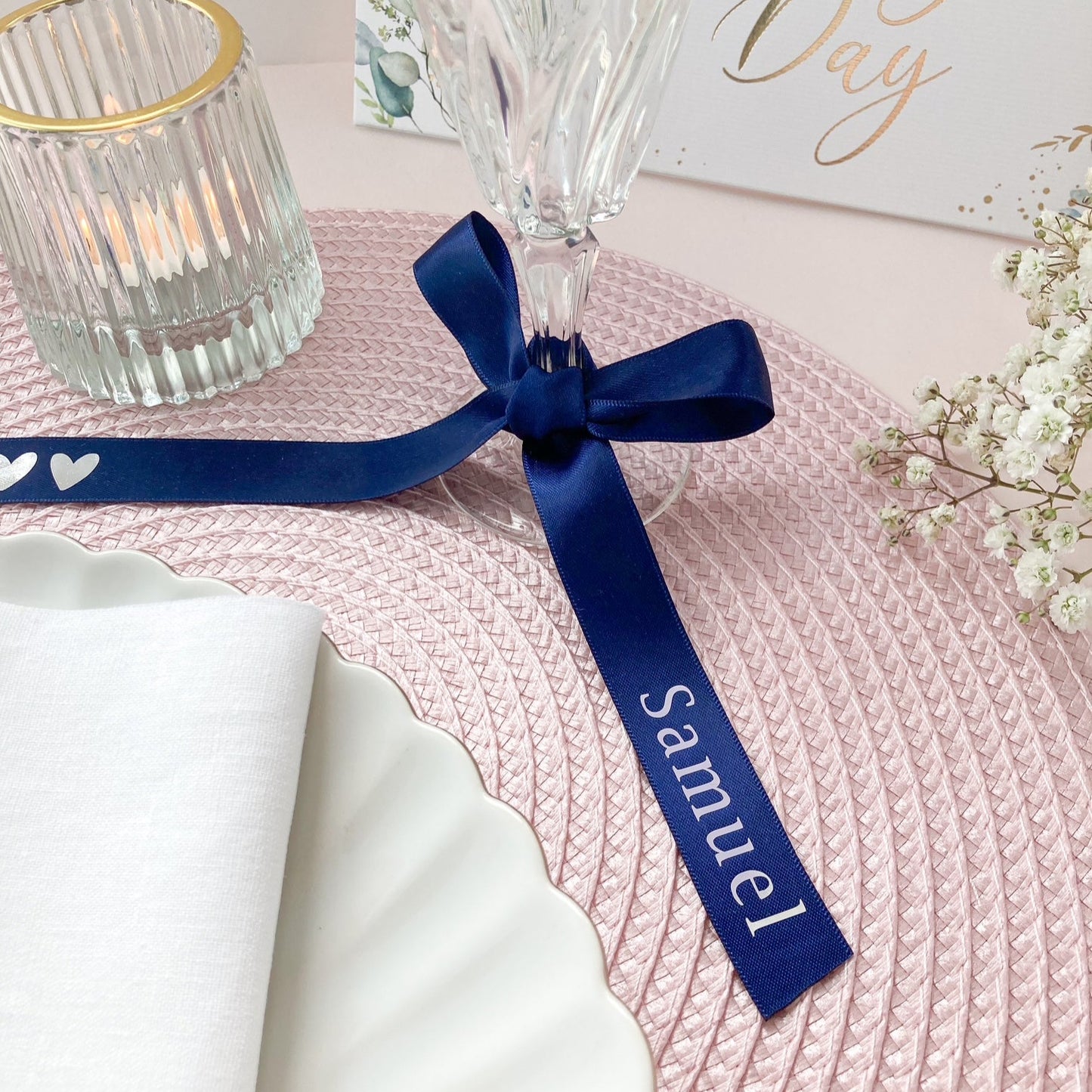 Wedding personalised ribbons for glass and place setting in navy satin