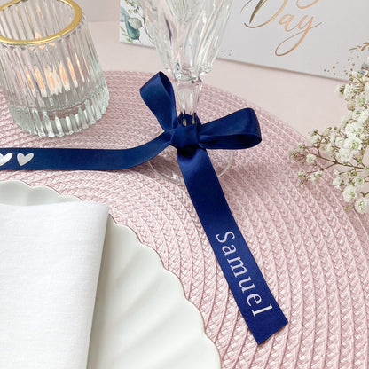 Wedding personalised ribbons for glass and place setting in navy satin