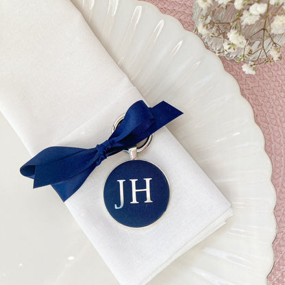 Wedding place setting and favour in Liberty navy blue fabric