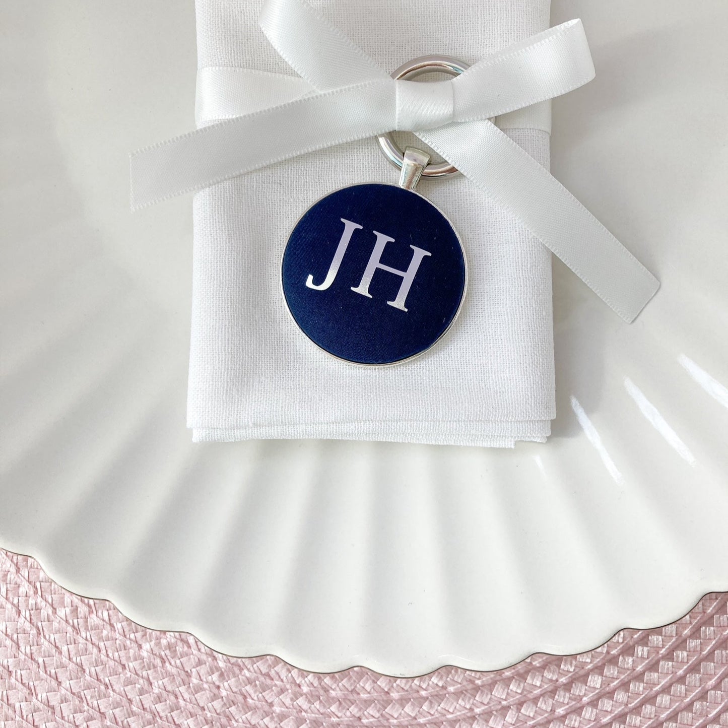 Wedding place setting and napkin ring in Liberty navy blue fabric